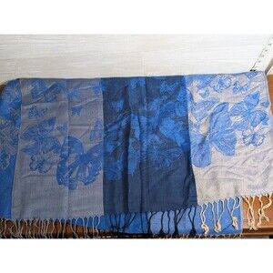 VINTAGE Pashmina 100% CASHMERE Butterfly Scarf Wrap Blue Jacquard Shawl RARE Lux